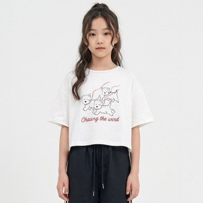 아동용 퍼피 세미크롭 반팔 티셔츠