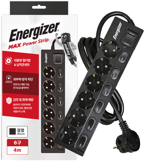 에너자이저 납작플러그 과부하차단 개별스위치 멀티탭 6구 16A, 1개, 블랙, 4m