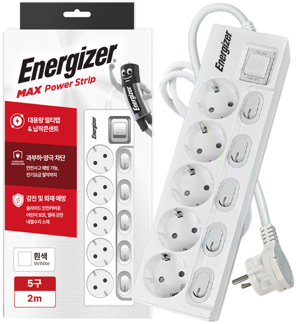 에너자이저 납작플러그 과부하차단 고용량 개별스위치 멀티탭 5구 16A, 화이트, 1개, 2m