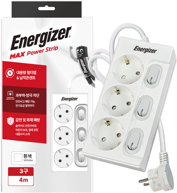에너자이저 납작플러그 과부하차단 고용량 개별스위치 멀티탭 3구 16A, 1개, 화이트, 4m