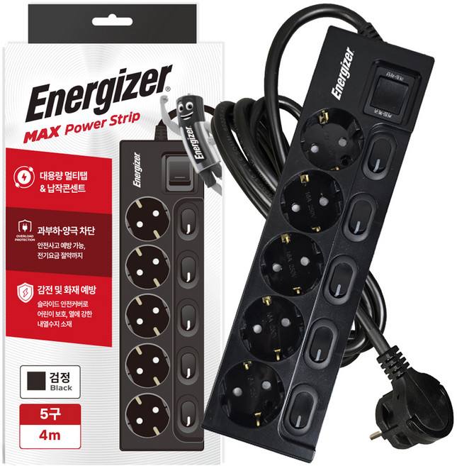 에너자이저 납작플러그 과부하차단 고용량 개별스위치 멀티탭 5구 16A, 블랙, 1개, 4m