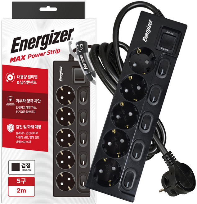 에너자이저 납작플러그 과부하차단 고용량 개별스위치 멀티탭 5구 16A, 블랙, 1개, 2m