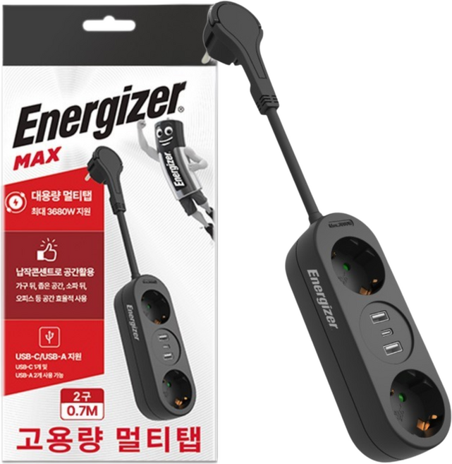 에너자이저 고용량 고속충전 과부하차단 USB-C USB-A 납작콘센트 USB 멀티탭 2구 3680W, 0.7m, 블랙, 1개