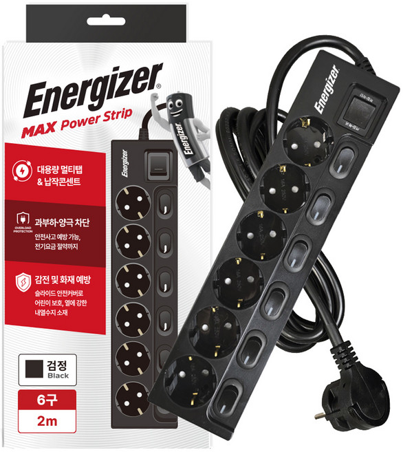 에너자이저 납작플러그 과부하차단 개별스위치 멀티탭 6구 16A, 1개, 블랙, 2m