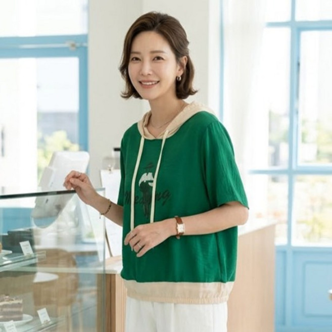 퀸담 여성용 커버핏 레이디 프린트 반팔 후드 티셔츠 600003