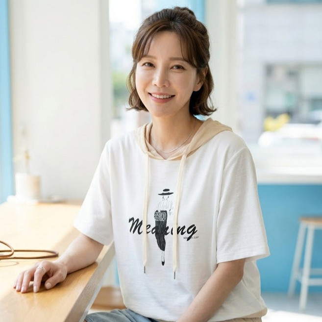 퀸담 여성용 커버핏 레이디 프린트 반팔 후드 티셔츠 600003