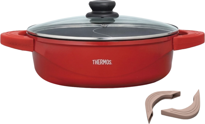 THERMOS 膳魔師 TFP系列 雙耳壓鑄鴛鴦火鍋 附蓋 + 隔熱矽膠套 TFP-P28-RED, 豐饒紅, 1個, 28cm