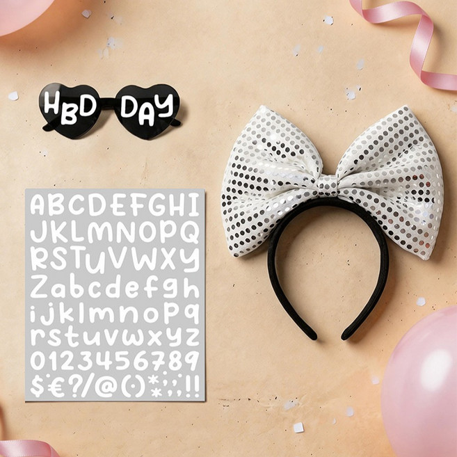 파티쇼 왕리본 머리띠 HBD 생일 안경 파티 축하 세트, 실버(머리띠), 블랙(안경), 화이트(스티커), 1세트