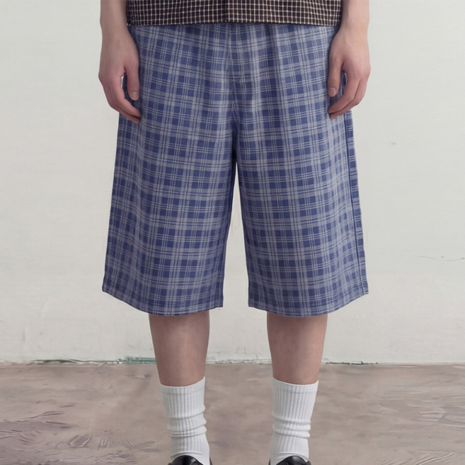 세인트페인 남녀공용 타탄 체크 와이드 밴딩 버뮤다 데님 팬츠