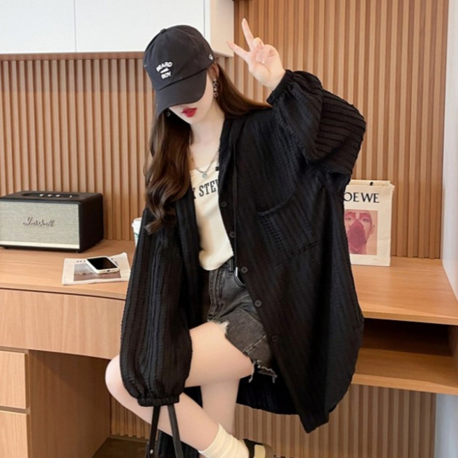 DMELD 女款波浪條紋立體毛圈布連帽寬鬆版開襟外套