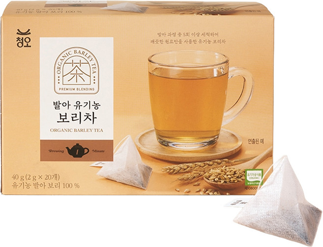 청오건강 발아 유기농 보리차 티백 한잔용, 2g, 1개, 20개입