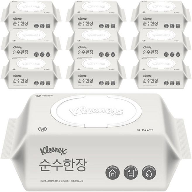 크리넥스 순수한장 물티슈 캡형, 10개, 100매, 37g