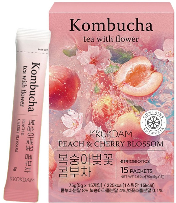 꽃을담다 플라워 콤부차 스틱 복숭아벚꽃, 1개, 15개입, 5g