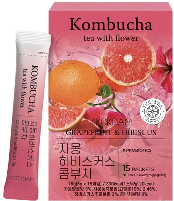 꽃을담다 플라워 콤부차 스틱 자몽히비스커스, 1개, 5g, 15개입