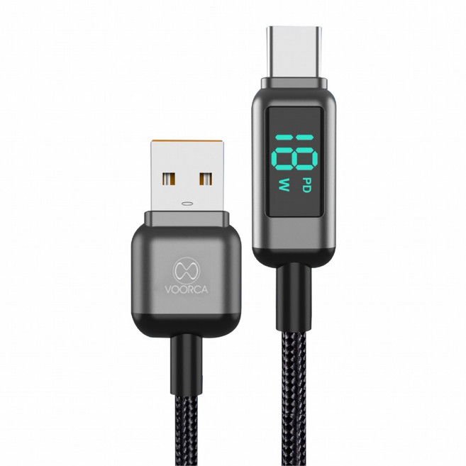 VOORCA 雅現鋅合金數顯充電傳輸線 USB-A to USB-C, 黑色, 1條, 120cm