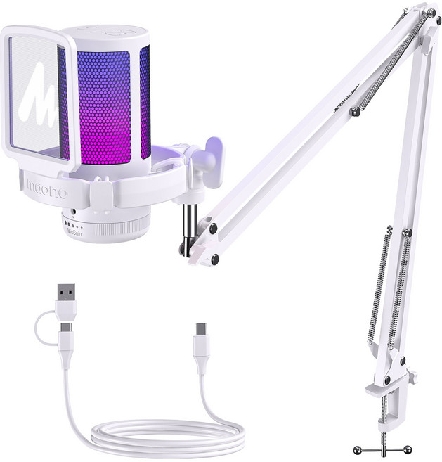 마오노 원터치 노이즈 캔슬링 USB 콘덴서 방송 게이밍 마이크, 화이트, 화이트, DGM20S