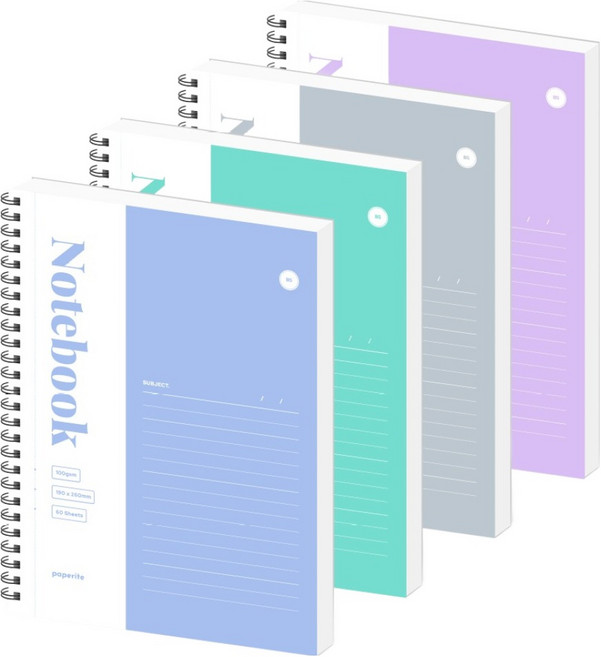 페이퍼릿 플라스틱 커버 스프링 노트 B5 4종 세트, 1세트, 블루, 그린, 퍼플, 그레이
