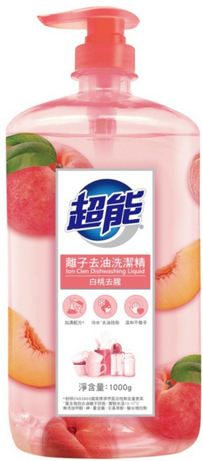 超能 離子去油洗潔精 白桃去腥, 1kg, 1瓶