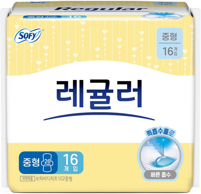 쏘피 바디피트 레귤러 생리대 날개형, 1개, 16개입, 중형
