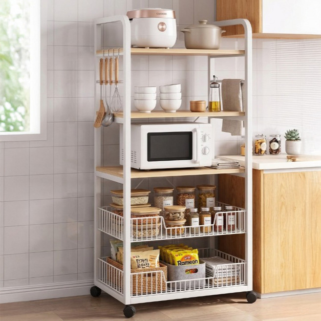 오브민 다용도 철제우드 주방수납장 이동식 밥솥 렌지대, 화이트, 5단