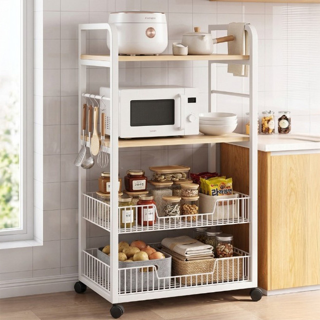 오브민 다용도 철제우드 주방수납장 이동식 밥솥 렌지대, 화이트, 4단