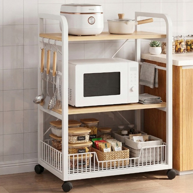 오브민 다용도 철제우드 주방수납장 이동식 밥솥 렌지대, 화이트, 3단