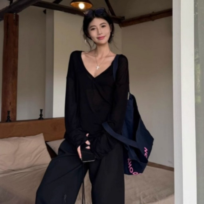 PEONIST 女款深V領透視罩衫寬鬆Oversize T恤