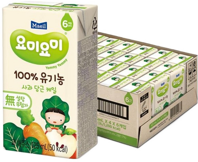 Maeil 每日乳業 Yommy Yommy 100% 有機蘋果胡蘿蔔羽衣甘藍果汁, 24個, 125ml