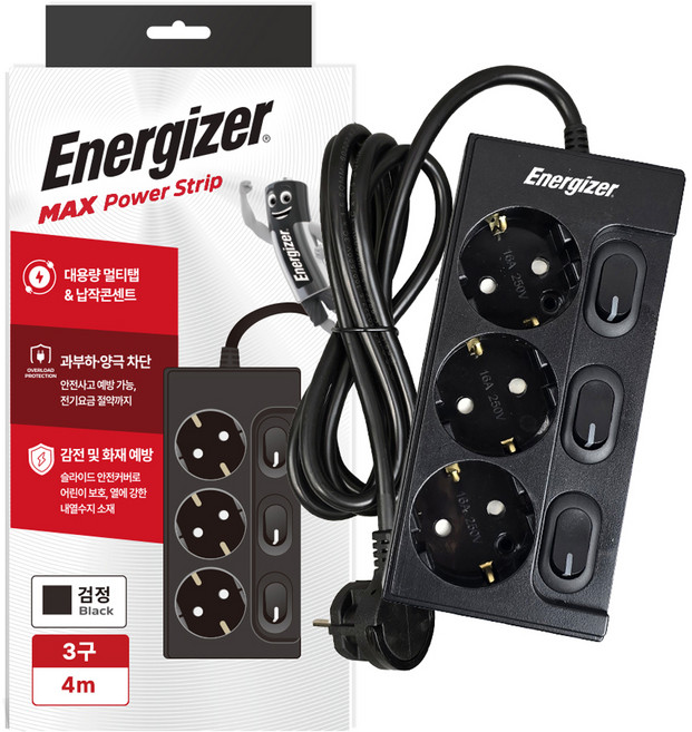 에너자이저 개별스위치 납작플러그 과부하차단 고용량 16A 멀티탭 3구, 1개, 블랙, 4m