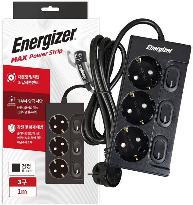 에너자이저 개별스위치 납작플러그 과부하차단 고용량 16A 멀티탭 3구, 1개, 블랙, 1m