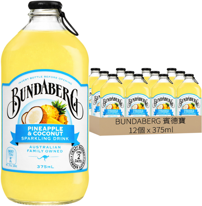 BUNDABERG 賓德寶 鳳梨椰子風味氣泡飲, 12個, 375ml