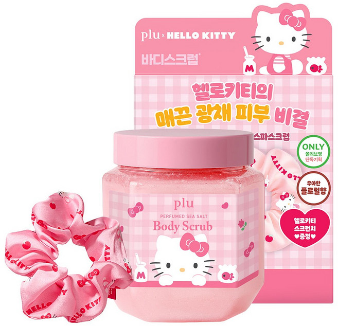plu 三麗鷗 Hello Kitty 香氛海鹽身體磨砂膏 木質花香 + 髮圈組合, 1套