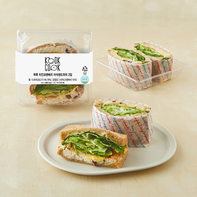 꾹쿡 치킨크랜베리 아삭샌드위치 2입, 446g, 1개