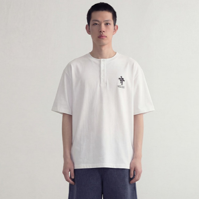 saintpain 男女通用 Double Cross 重磅亨利領短袖T恤