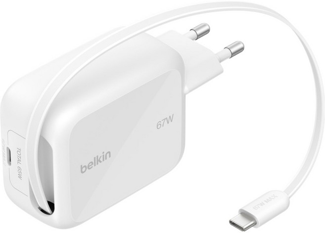벨킨 부스트차지 프로 67W USB C 릴 케이블 일체형 PD3.2 AVS GaN PPS 초고속 충전기 WCH022krWH, 1개, 화이트