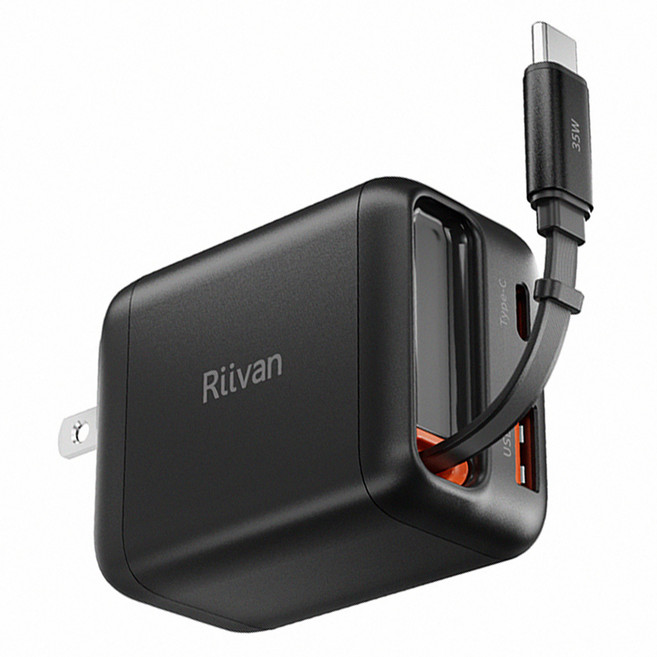 Riivan 35W GaN氮化鎵電源供應器 2C1A 伸縮線, 黑色, 1個