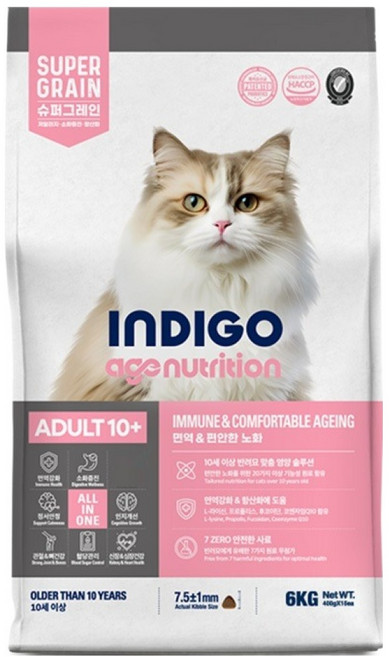 인디고 어덜트 10 플러스 에이지뉴트리션 포 캣 건식사료, 가수분해 연어, 6kg, 1개