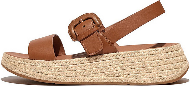 fitflop 女款 F-Mode 麻織扣環皮革厚底涼鞋, 棕褐色, 250
