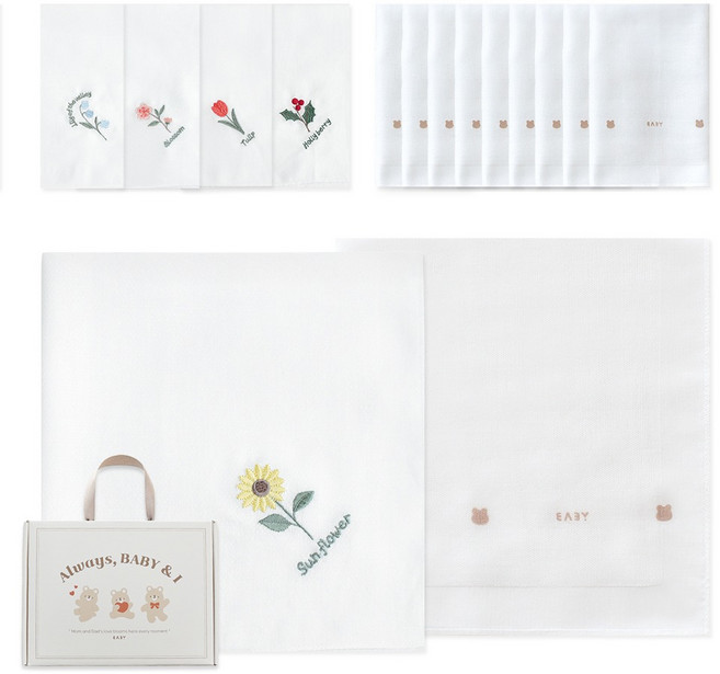 BABY&I 花朵刺繡手帕5款 + 竹纖維紗布手帕10入禮盒組 + 提袋