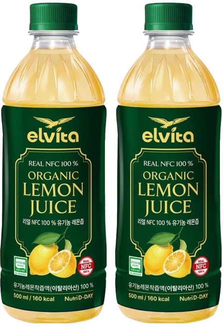 뉴트리디데이 엘비타 리얼 NFC 100% 유기농 레몬즙, 500ml, 2개