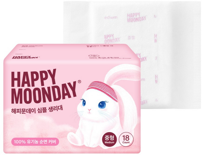해피문데이 심플 유기농 생리대 날개형, 1개, 18개입, 중형