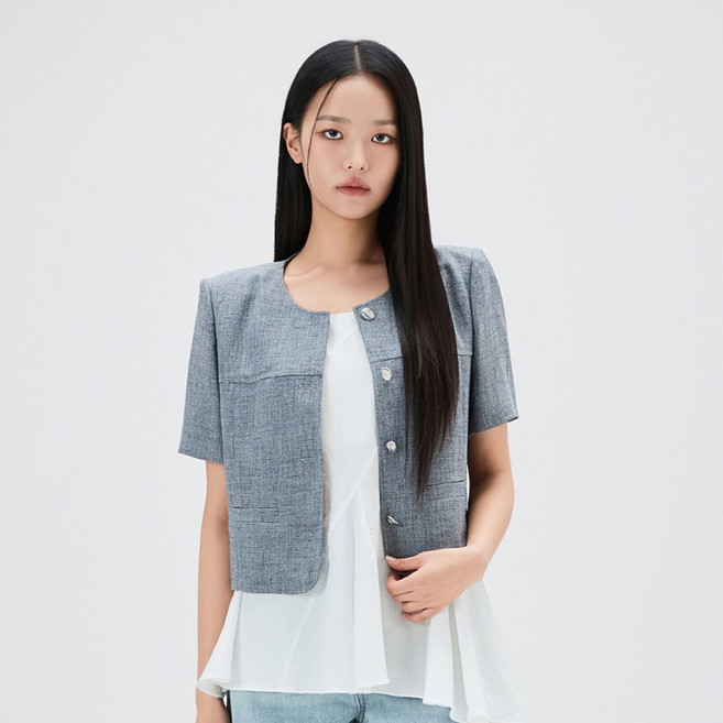 MIXXO 女款變形鈕扣粗花呢短袖外套