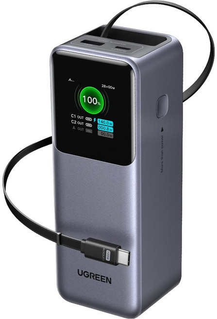 유그린 넥소드 릴케이블 시리즈 PD PPS 대용량 165W 고속충전 보조배터리 20000mAh, 그레이, PB726