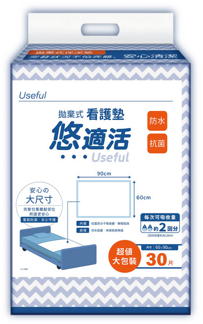 RelaCare 悠適活 拋棄式護理保潔墊, 90 x 60cm, 1套, 30片