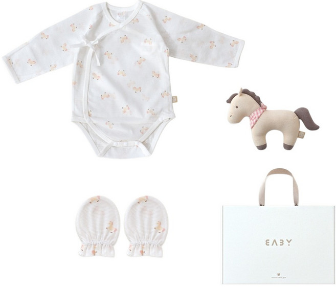BABY&I 夏季新生兒連身衣 + 搖鈴娃娃 + 防抓手套禮盒組