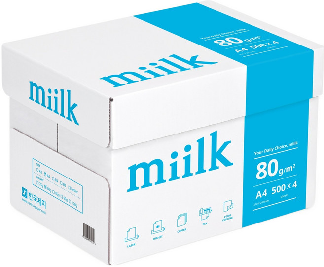 Miilk 복사용지 80g, A4, 2000개