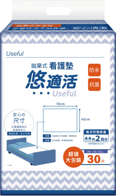 RelaCare 悠適活 拋棄式護理保潔墊, 70 x 45cm, 1套, 30片