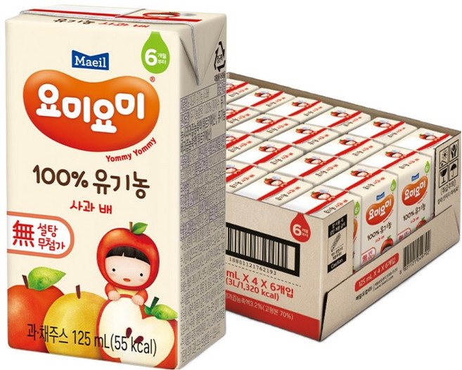 요미요미 100% 유기농 주스 사과 배, 125ml, 24개