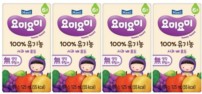 요미요미 100% 유기농 주스 사과 배 포도, 4개, 125ml