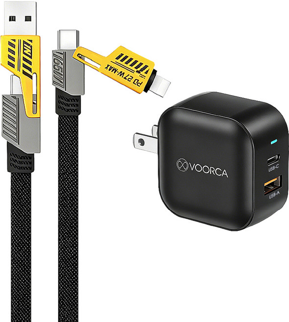 VOORCA 雙孔充電頭 35W + 4合1充電線 PD-123PT, 黑色, 1套